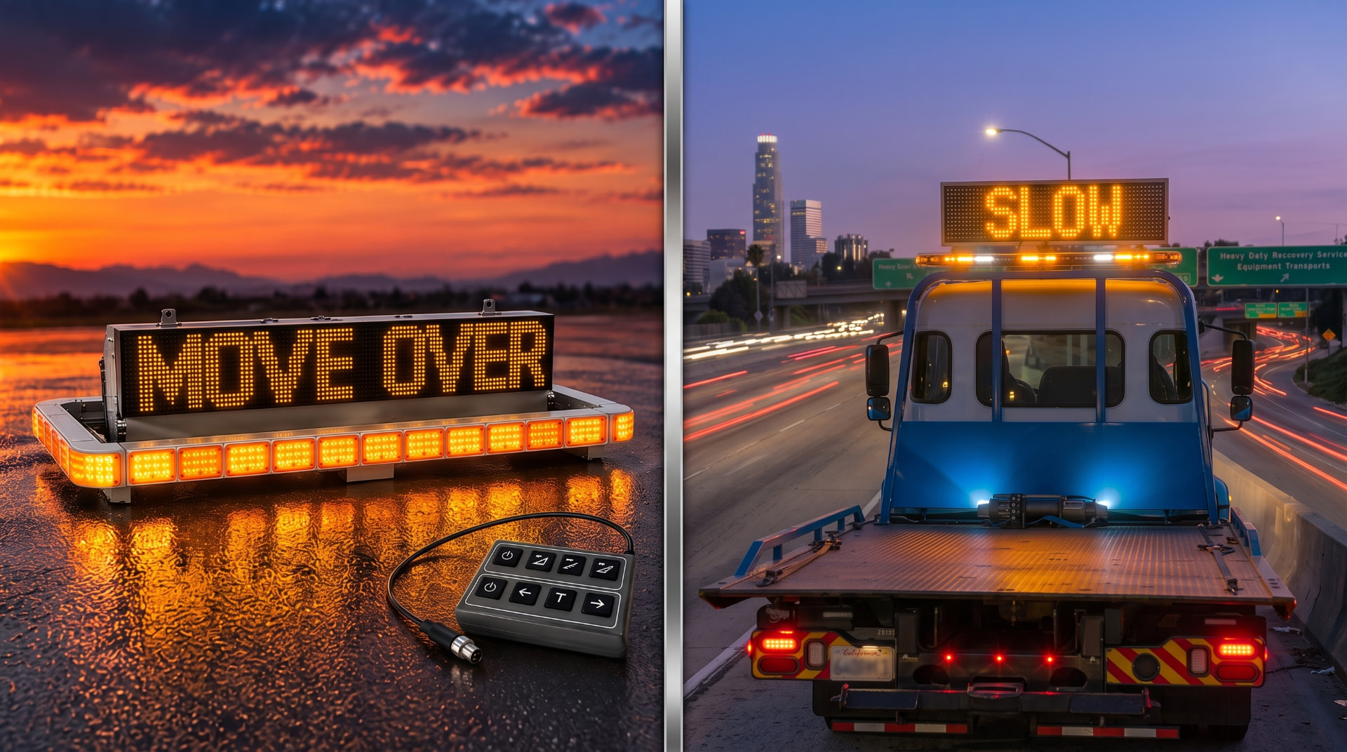 Split view of a Nova Glow MOVE OVER LED message board at sunset and a flatbed tow truck displaying a SLOW LED sign on the highway