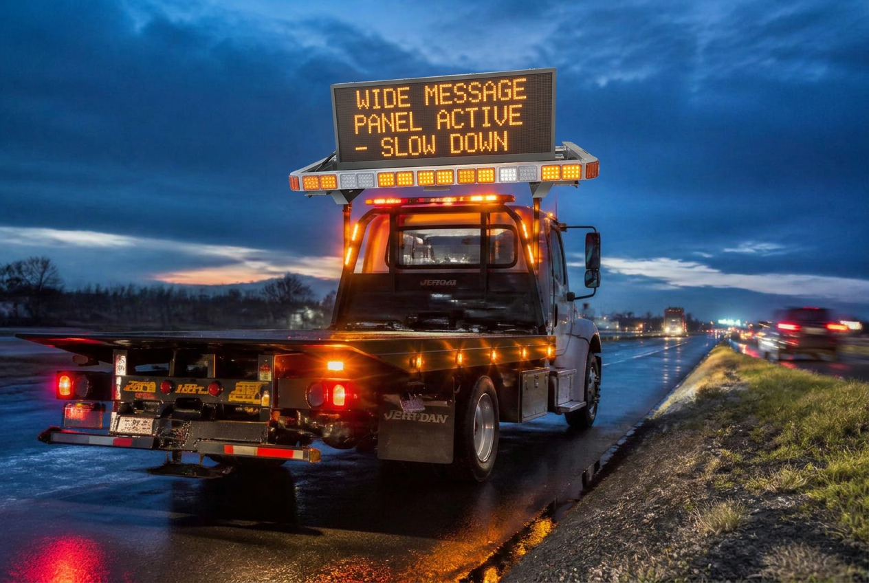 Tow truck on a highway shoulder with a Nova Glow LED message board mounted above the bed